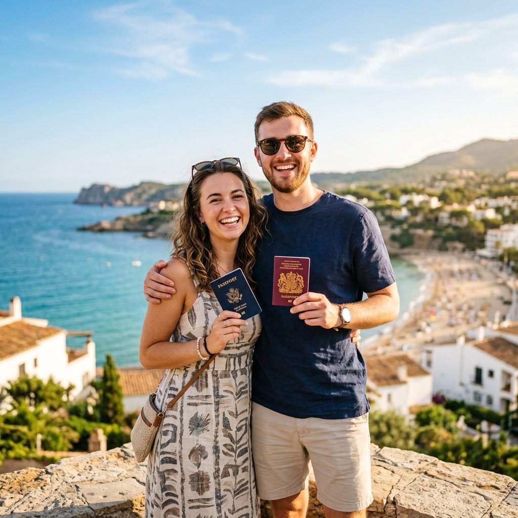 Happy couple with passports ready to travel